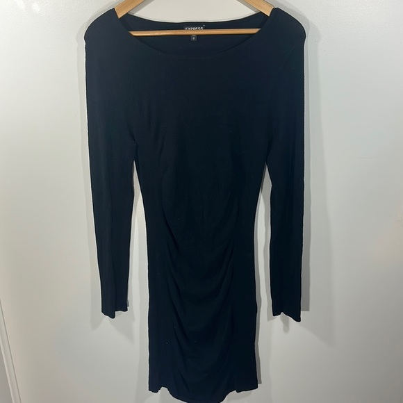 Express Sinched Tight Rayon Long Sleeve Scoop Neck Dress Little Black Dress - Picture 1 of 5